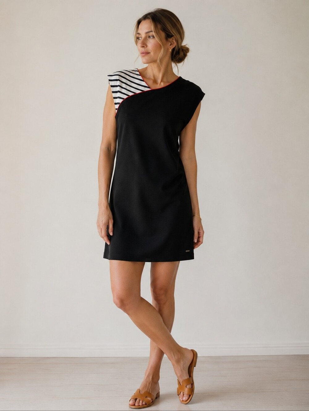 Saint James Made in France Black Striped Asymmetrical Dress Size US 6